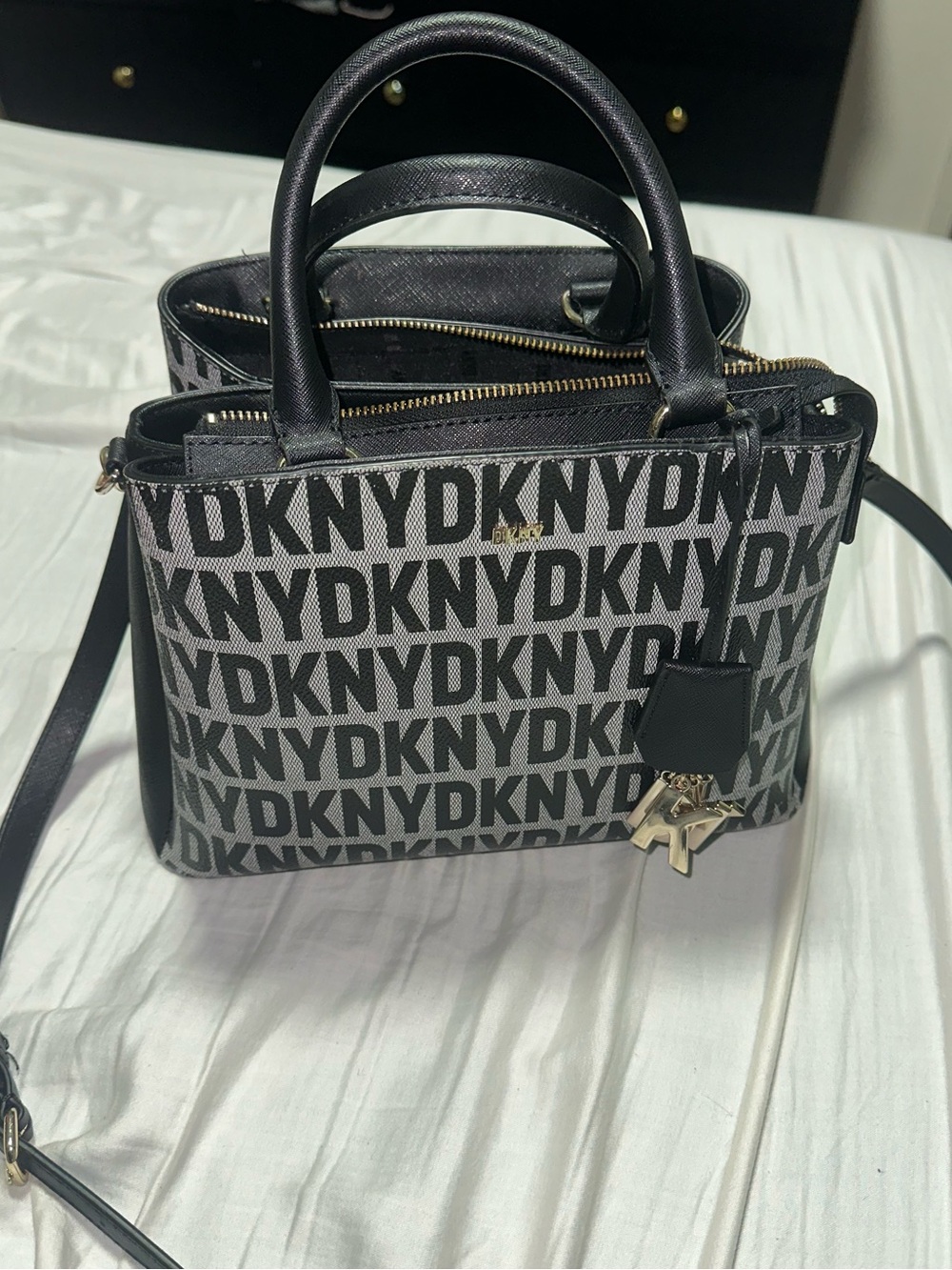 Dkny Black and Gray Logo-Print Crossbody Satchel